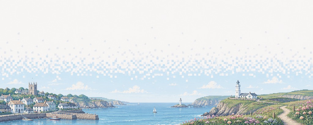 Pixel art Cornwall coastal scene with lighthouse and harbour